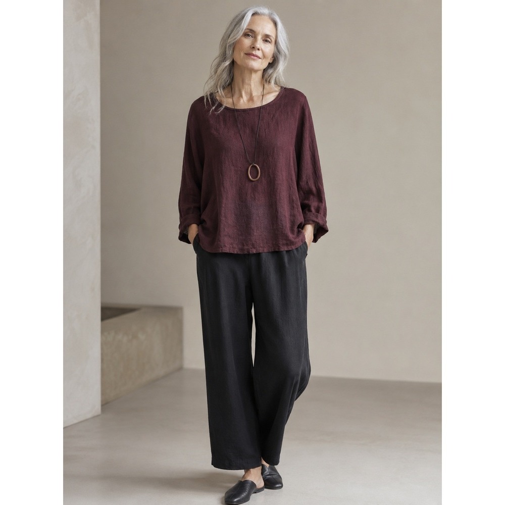 Eileen Fisher Linen Scoop Neck Boxy Top Maroon L/XL 100% Linen Long Sleeve